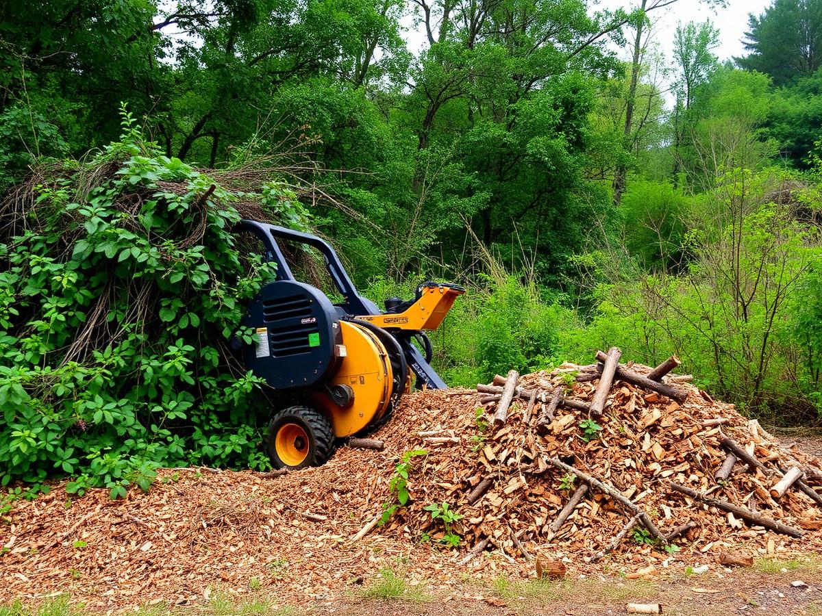Forestry mulcher clearing brush at the edge of an overgrown lot, placeholder stock photo for land clearing work