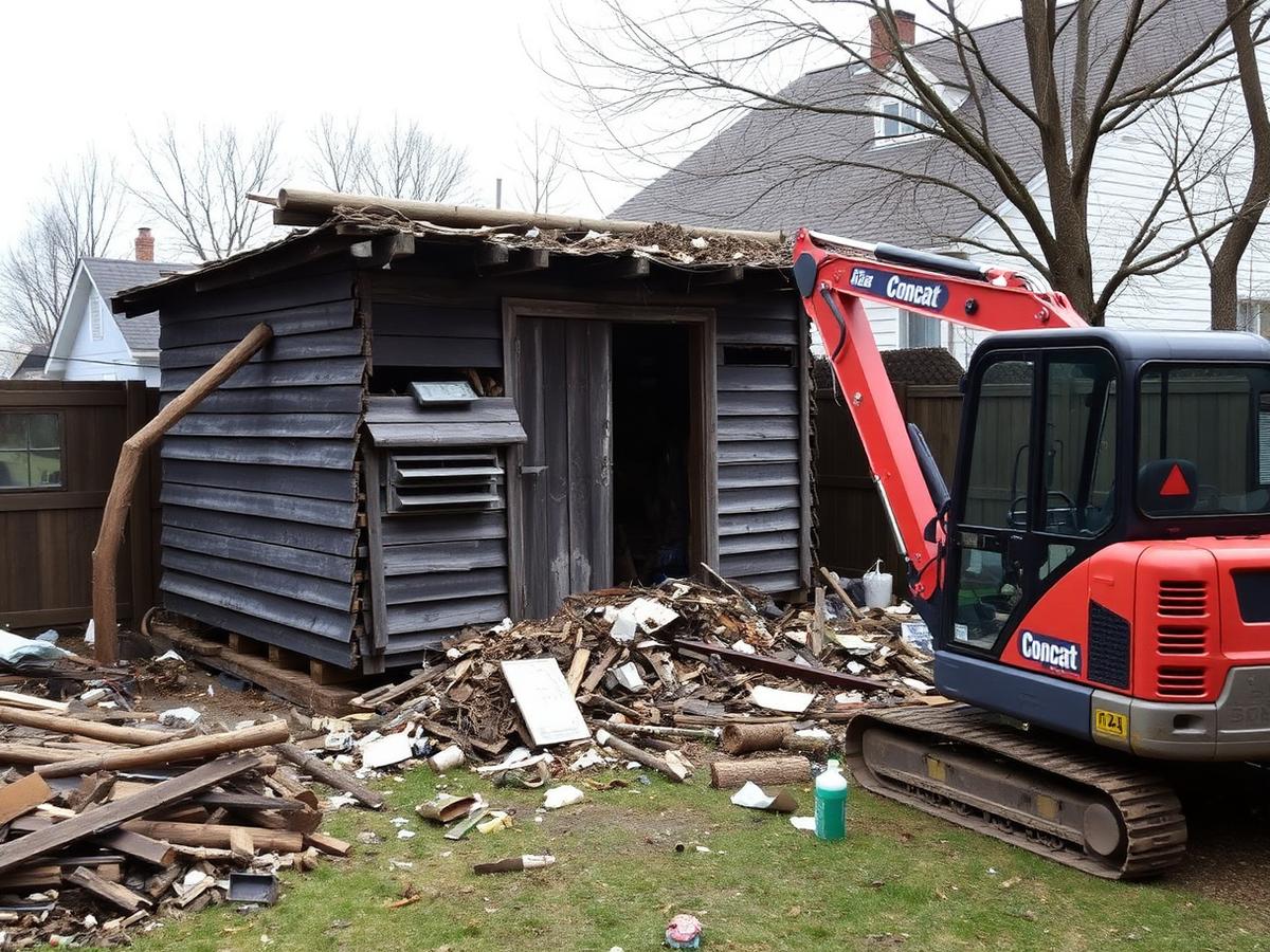 Compact excavator taking down an old backyard shed with debris piled nearby, placeholder stock photo for demolition work