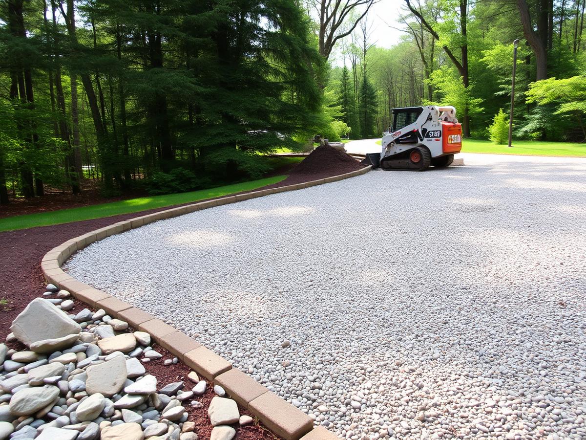 Compacted gravel driveway base graded beside a wooded property, placeholder stock photo for excavation work