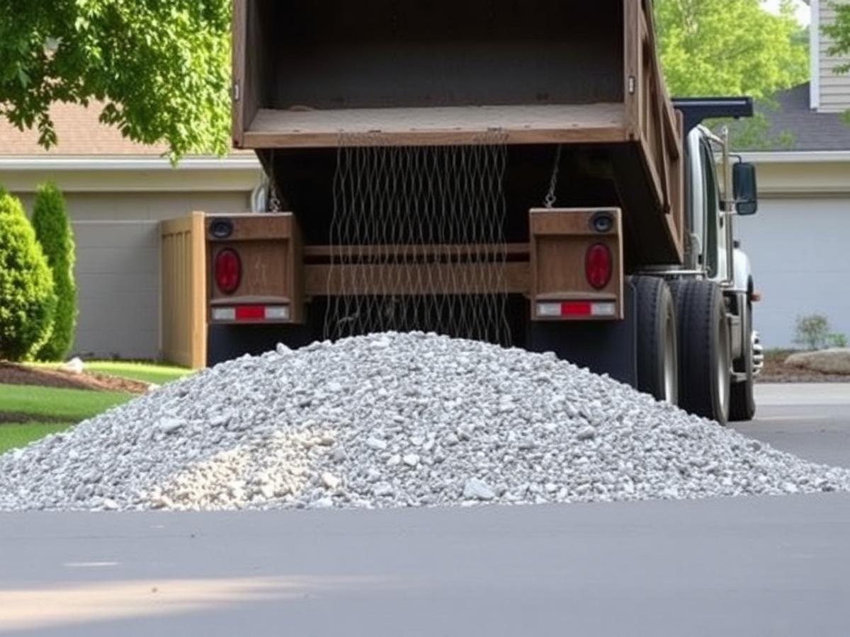 Dump truck unloading crushed stone onto a residential driveway, placeholder stock photo for material delivery