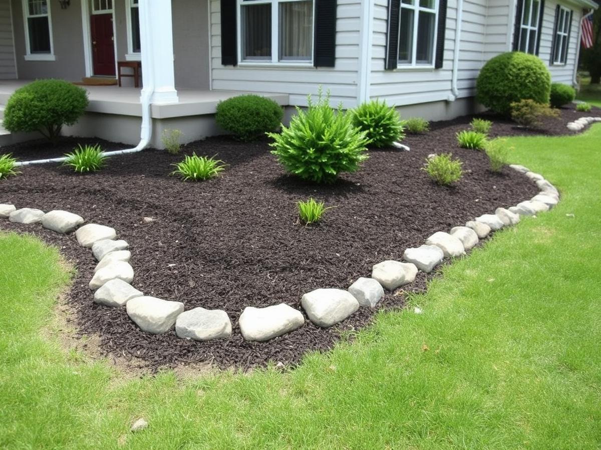 Fresh mulch beds with stone border along a home foundation, placeholder stock photo for landscaping work