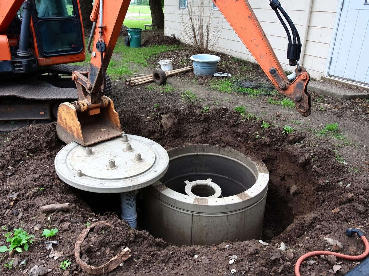 Excavator working next to an exposed septic tank lid in a rural yard, placeholder stock photo for septic related site work