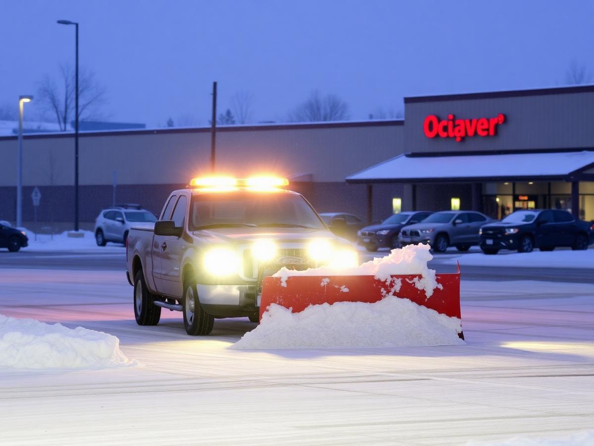Pickup truck with a plow clearing a snowy commercial parking lot at dawn, placeholder stock photo for snow services